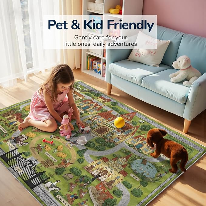 5x7ft Kids Manor Tour Play Rug,Non-Slip Faux Wool Carpet with Interactive English Words, Educational Manor Map Design for Playroom, Bedroom, Nursery Gift