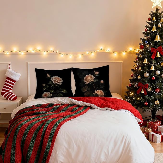 William Morris Inspired-Dark Rose Floral Pillow Covers 18x18 Set of 2, Dark Cottagecore Decor, Vintage Moody Rustic Rose Flower Botanical Decorative Pillow Covers for Home Living Room Bedroom