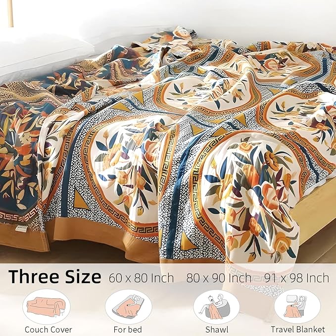 Boho Throw Blanket for Bed - 100% Pure Cotton Ultra Soft Rustic Quilt - Farmhouse Decor Bed Blankets, All Season Rustic Throw for Sofa Couch Chair(60"×80", Floral)