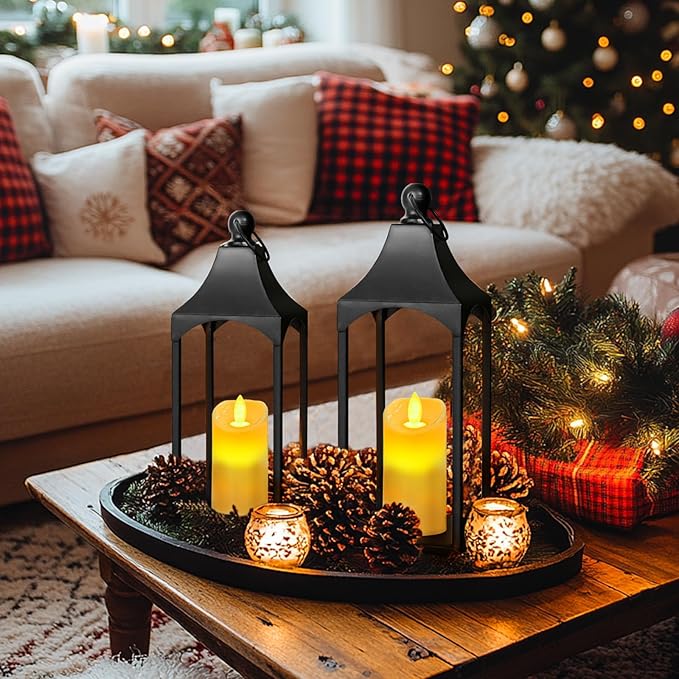 Eufrozy Lanterns Decorative Outdoor Indoor Set of 2 Black Metal Candle Lanterns with Flameless Candle, Modern Farmhouse Lantern Decor for Porch Patio Fireplace Mantle Kitchen Table Christmas Gifts
