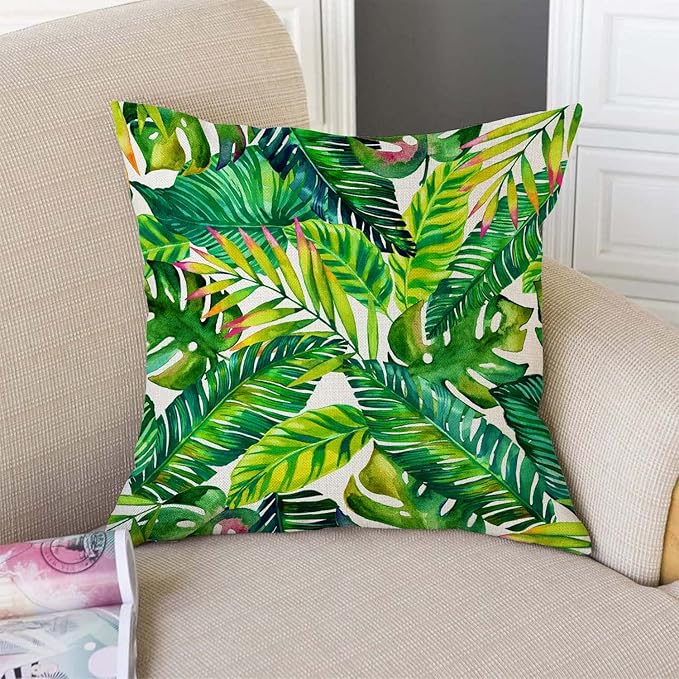 TSSOHU Orange Leaves Outdoor Throw Pillow Cover - Green Tropical Palm, Banana Leaves Decorative Cushion Cases - Farmhouse Style Home Decor for Couch - 18x18 inch