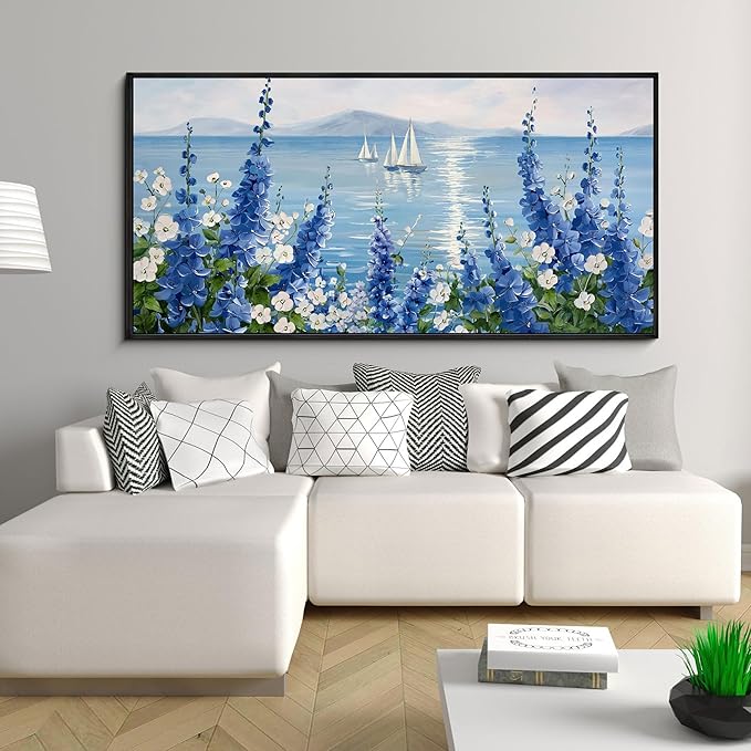 XLSJERST Large Sailboat Wall Art - Blue Canvas Abstract Painting Textured Picture Artwork Vintage Nautical Flower Painting Coastal Modern Print 24"x48" Frame for Living Room Office Home Decoration