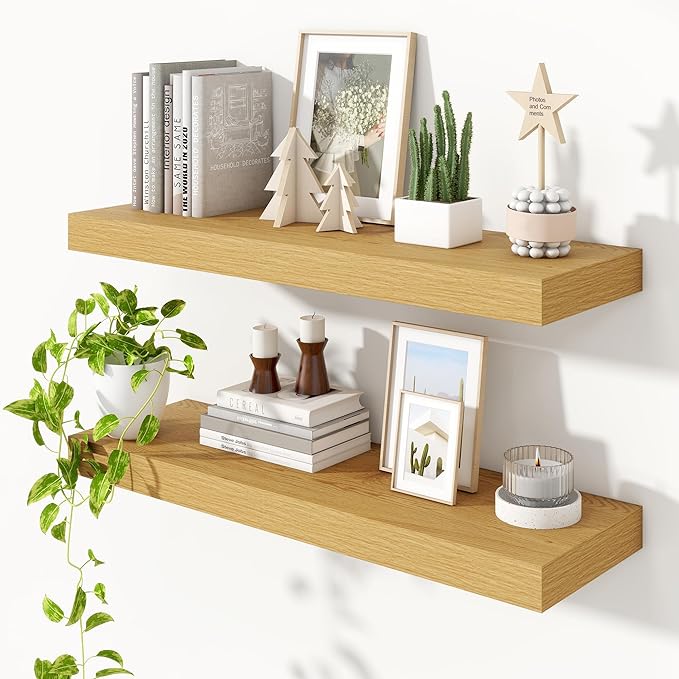 Heimlove 36 Inch Floating Shelves for Wall Set of 2,Oak Wall Shelves for Storage & Decor - Heavy Duty with Invisible Brackets,Perfect for Living Room,Bedroom,Home Office