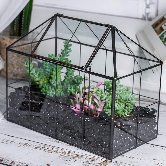 NCYP Glass Terrarium Planter with Lid for Small Succulent Cacti, Grid House Shape Black Geometric Terrarium Pot, Home Garden Indoor Tabletop Decor, 9.84" x 5.31" x 7.87" (No Plants)