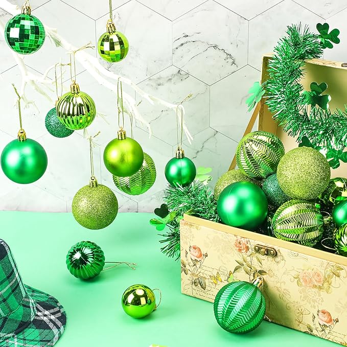 64 Pcs St. Patrick's Day Ball Ornaments Glitter Matt Lime Green Assorted Plastic Irish St. Patrick's Day Decoration for Xmas Tree & Party Supplies