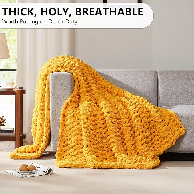 L'AGRATY Chunky Knit Blanket Throw: 80''x90'' Chenille Chunky Knitted Throw Blanket for Bed Couch - Handmade Thick Big Cable Knit Blanket - Large Chunky Crochet Rope Blanket for Home Decor(Yellow)