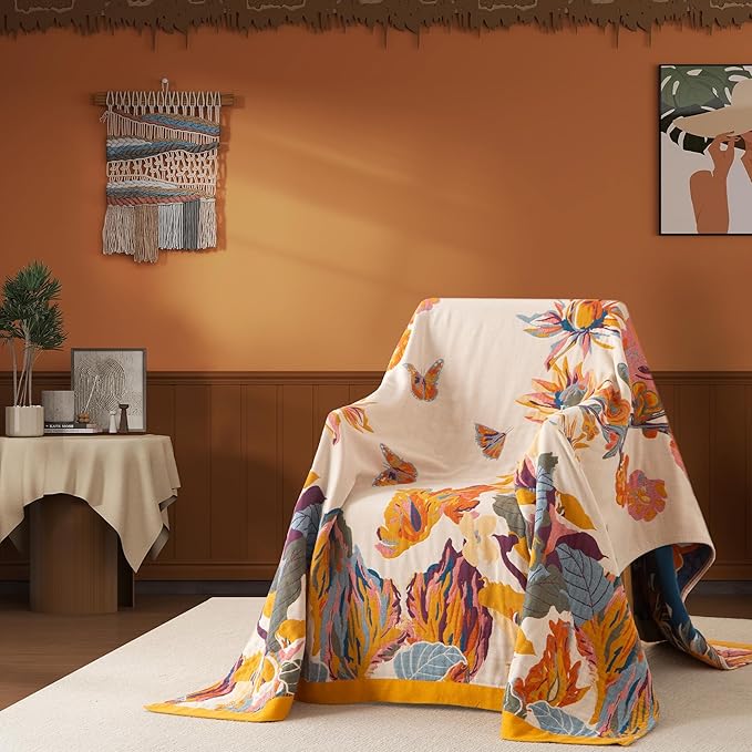 Boho Throw Blanket Throw Size, Soft Cozy Cotton Muslin Quilt Blanket for Bed Decor, Floral Patterned Couch Sofa Chair Cover, Vintage Farmhouse Cottage Tapestry Woven Blanket, Yellow&Blue