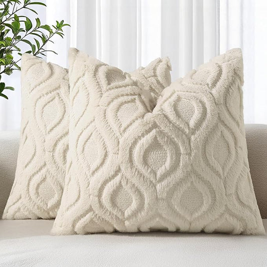 decorUhome Fall Throw Pillow Covers 18x18 Inch Set of 2, Soft Plush Decorative Faux Fur Beige Solid Couch Pillow Covers, Accent Farmhouse Neutral Square Euro Pillow Cases for Sofa Bed Living Room