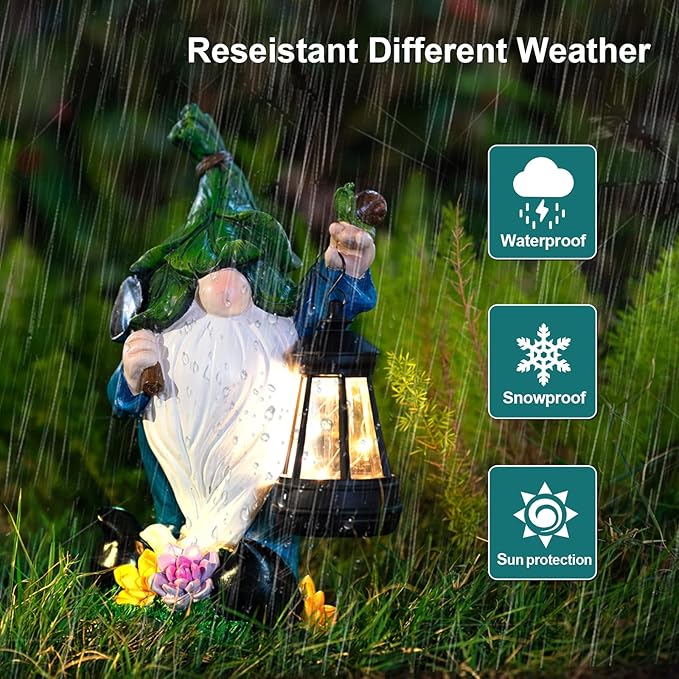 Solar Gnome Garden Figurine Yard Lights with Solar Lights Lantern & Shovel - Outdoor Yard Art Lawn Ornaments for Porch Patio Balcony - Gnome Gifts for Women Mom