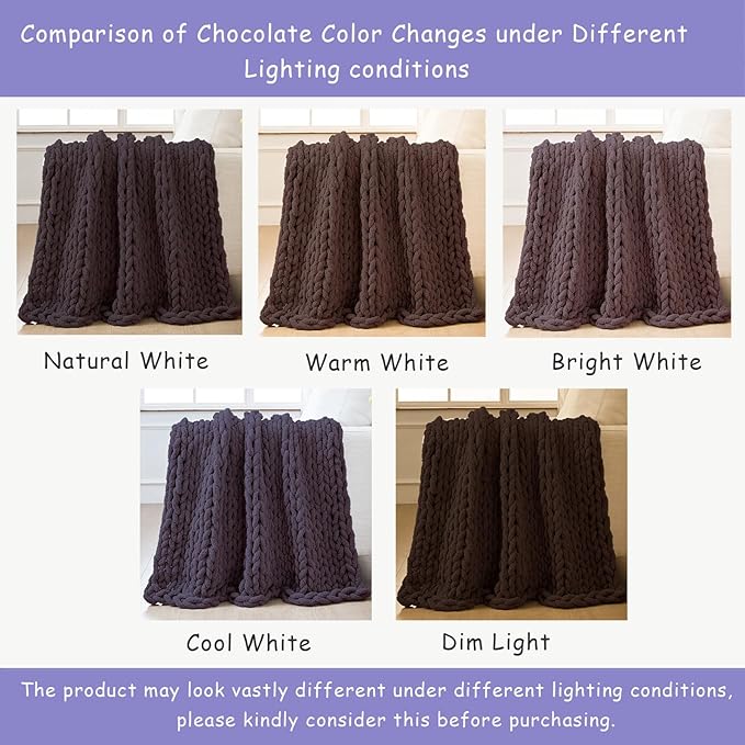Bigacogo Chunky Knit Throw Blanket for Couch, 51x63 inches, 100% Hand Knitted with Thick Jumbo Chenille Yarn, Cozy Soft Large Rope Knot Cable Crochet Blankets for Sofa Bed Living Room, Chocolate
