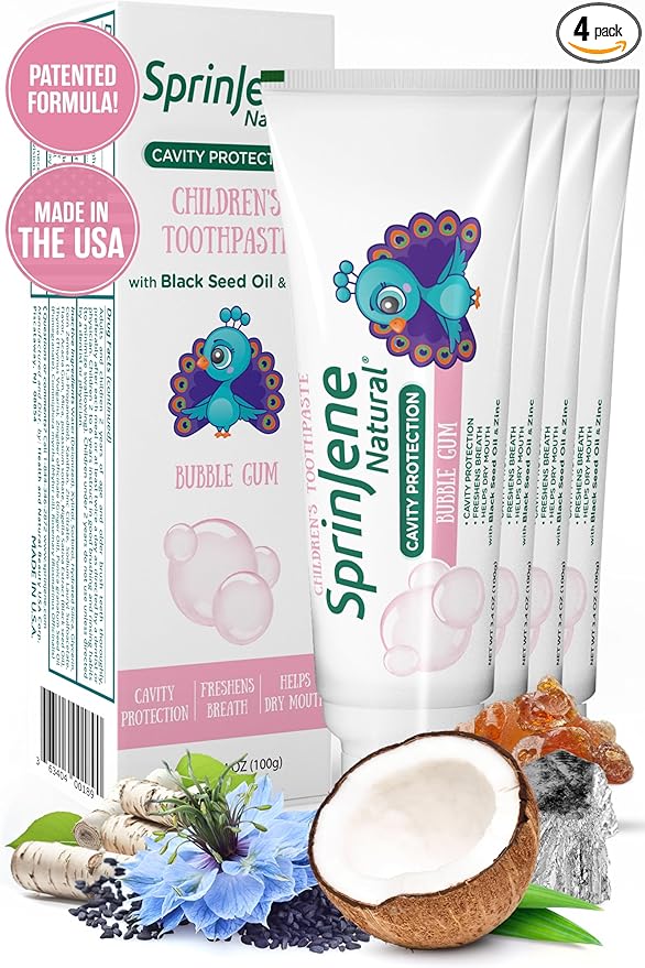 SprinJene Natural Kids Toothpaste, Bubblegum | Natural Children’s Toothpaste for Cavity Protection | Fluoride Toothpaste for Toddlers | 4 Pack
