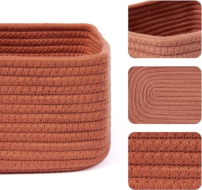 Small Storage Baskets for Organizing | Closet Organizer Bins | Shelf Toy Basket | Woven Rope Baskets | Cube Decorative Box | Shallow Basket | 11.5x7.5x4.7” | 3 Packs Oxide Red