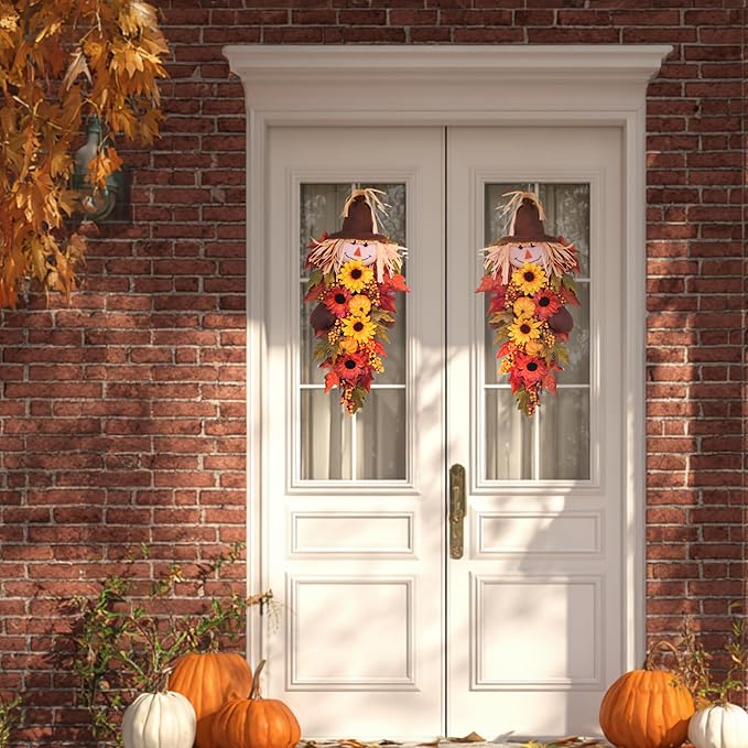 24" Rustic Fall Scarecrow Teardrop Swag – Farmhouse Sunflower & Pumpkin Wreath – Autumn Harvest Hanging Decor for Front Door, Wall, Porch, Indoor/Outdoor