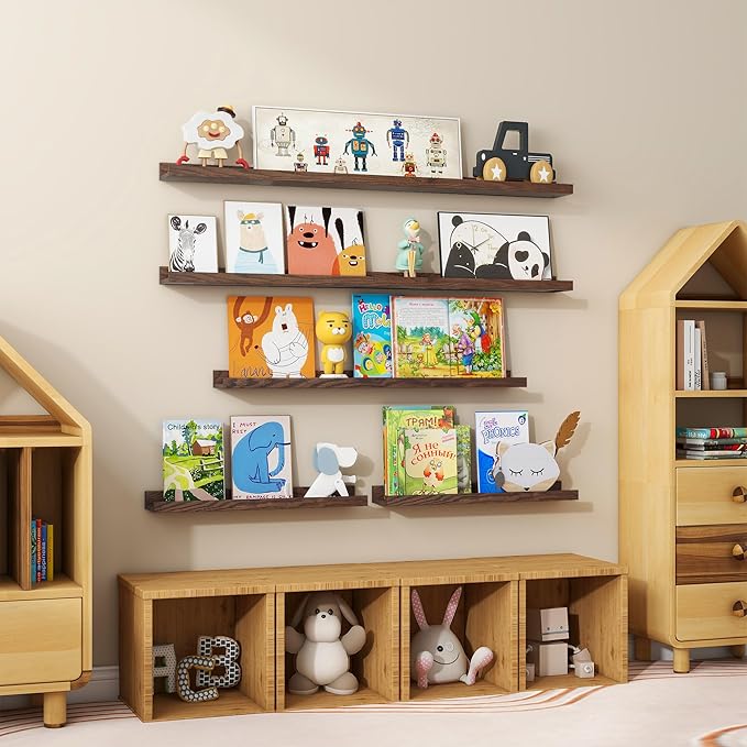 Floating Picture Ledge Shelves 55 Inch Solid Oak Wood Set of 2, Rustic Wall Storage Shelves with Lip, Kids Bookshelf, Photo & Picture Ledge Shelves for Bedroom, Living Room, Kitchen