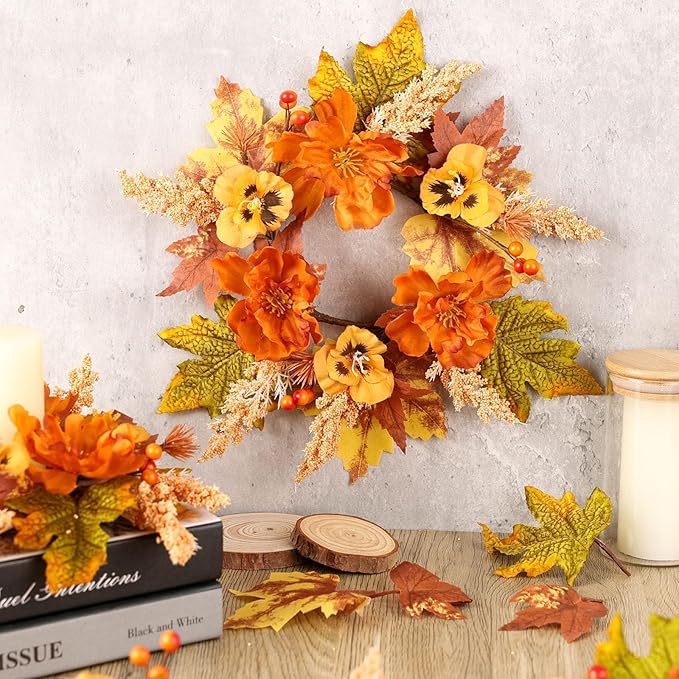 6 Pcs Fall Floral Swags Wreaths Mini Autumn Artificial Candle Rings Wreaths with Berries 3 inch Farmhouse Cabinets Hanging Wreath for Pillar Front Door Porch Wall Window Decoration