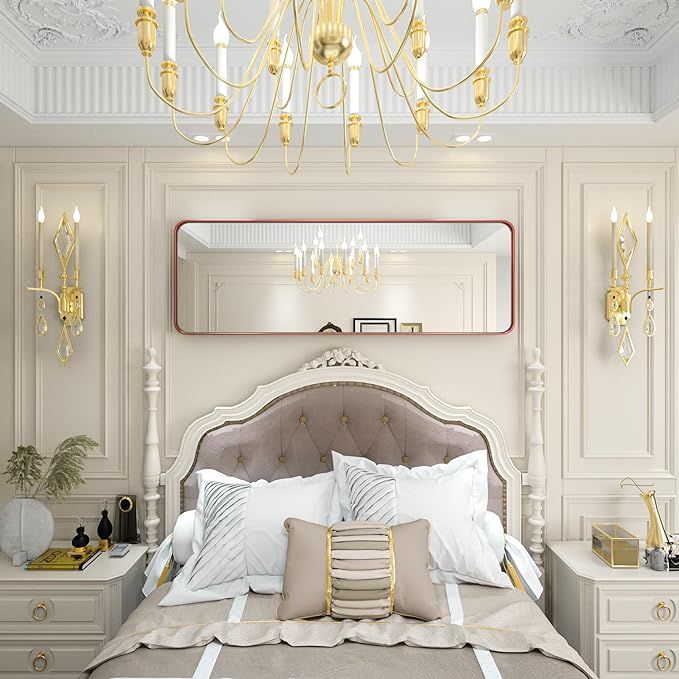 65 x 22 Inch Full Length Floor Mirror, Rose Gold Wall Mounted Full Body Mirror with Aluminum Alloy Brushed Ribbed Texture Frame, Tall Floor Mirror for Living Room/Entryway/Bedroom