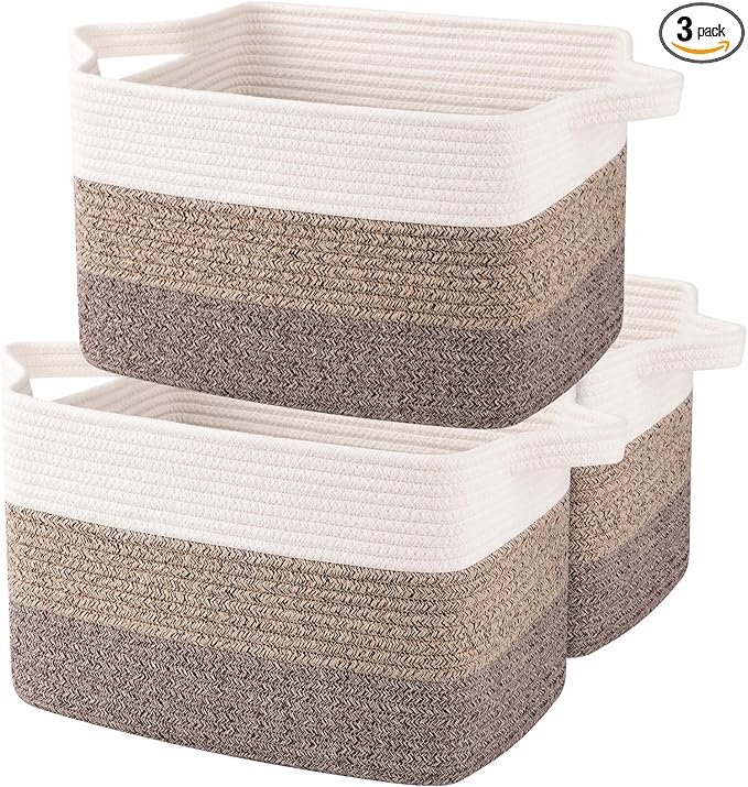 OIAHOMY Storage Basket, Woven Baskets for Storage, Cotton Rope Basket for toys,Towel Baskets for Bathroom - Pack of 3, Gradient Dark Brown