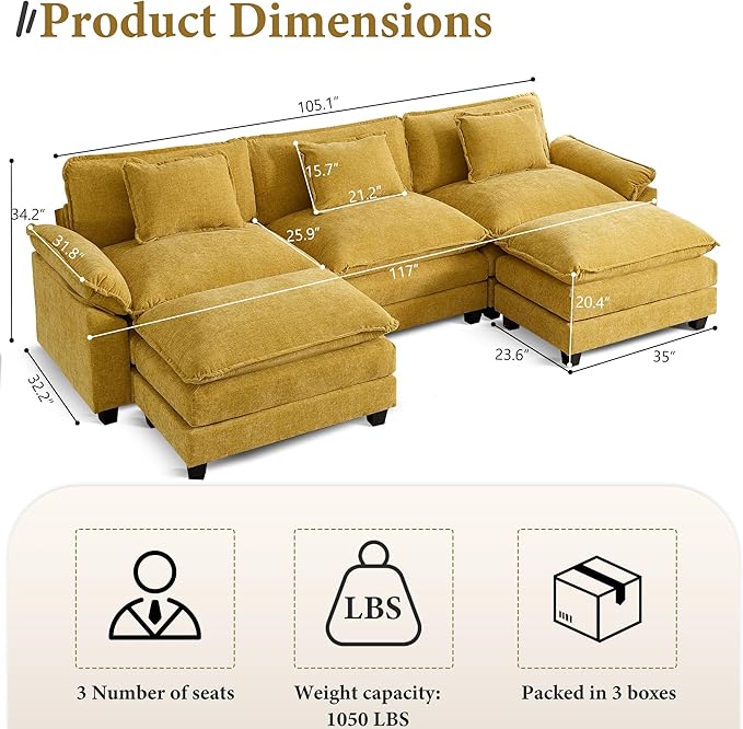 URRED Modular Sectional Sofa Comfy Cloud Couch, Modern Chenille Sofa Sleeper Deep Seat Couches with Ottoman/Pillows for Living Room (Yellow, 117'' - U Shape)