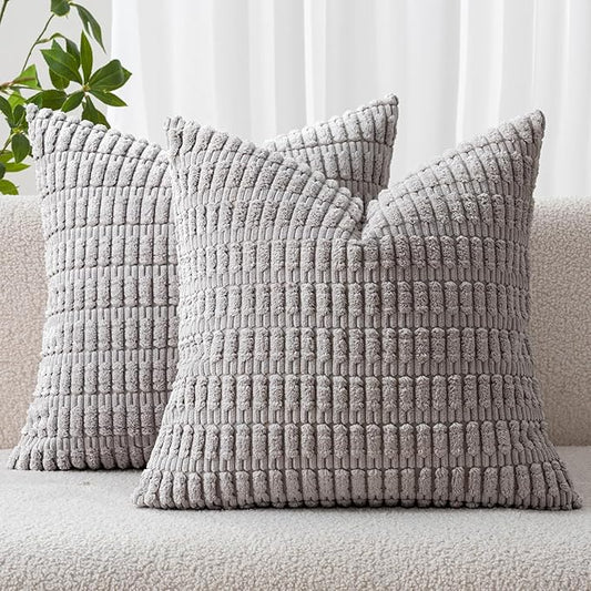 MIULEE Pack of 2 Corduroy Decorative Euro Sham Throw Pillow Covers 24x24 Inch Soft Boho Striped Pillow Covers Modern Farmhouse Home Decor for Sofa Living Room Couch Bed Light Grey