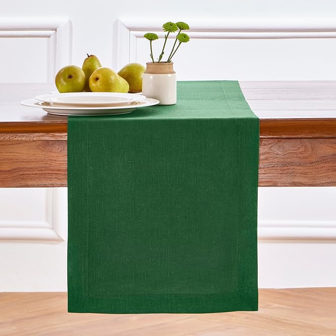 Solino Home Linen Table Runner 72 Inches Long - 100% Pure Linen Pine Green Dining Table Runner 14 x 72 Inch for Fall, Autumn, Thanksgiving - Fete