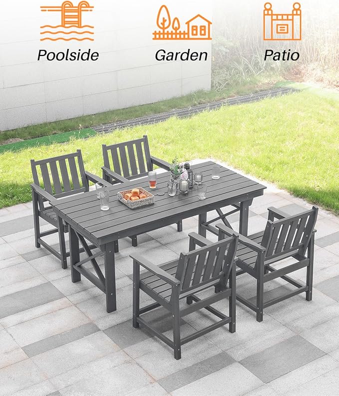 HDPE Outdoor Dining Set of 6, Patio Dining Table Set with 4 Chairs and 1 Bench, 6 Pieces HDPE Dining Set with Umbrella Hole, Outdoor Furniture Sets for Deck, Poolside, Garden, Smoke Gray