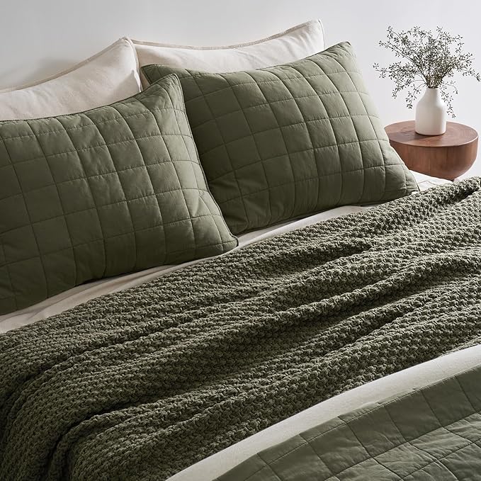 EVERGRACEHOME Chunky Chenille Knit Throw Blanket for Couch, Soft Luxurious Oversized Queen Moss Stitch Blanket for Bed, Large Cozy Farmhouse Knitted Throw for Sofa, Olive Green, 90" x 90"