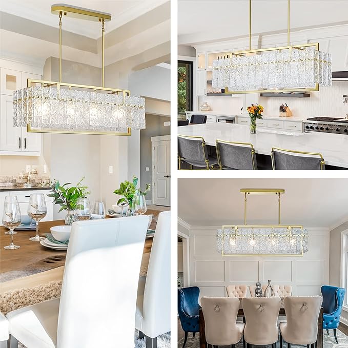 IKK Modern Gold Rectangle Chandeliers for Dining Room, Crystal Water Ripple Light Fixture, Elegant Farmhouse Linear Lighting for Kitchen Island, Bar Table, L33 x W9 x H12