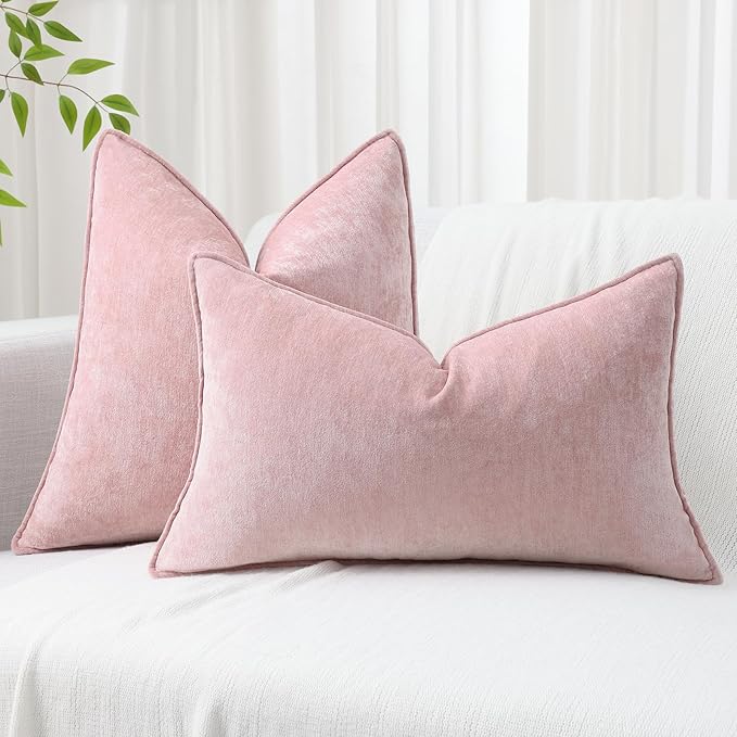 decorUhome Couch Throw Pillow Covers 16x16 Set of 2, Decorative Soft Euro Neutral Chenille Pillow Covers with Elegant Design for Sofa Bed Living Room Home Decor, Blush Pink