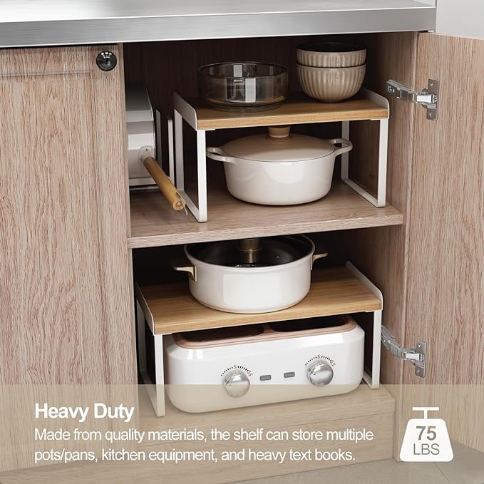 Mitus Shelf Organizer and Storage, Stackable Tiered Wood Cabinet Rack for Countertops, Desktops, Cabinets (Set of 2) 16" Wide Natural Oak and White