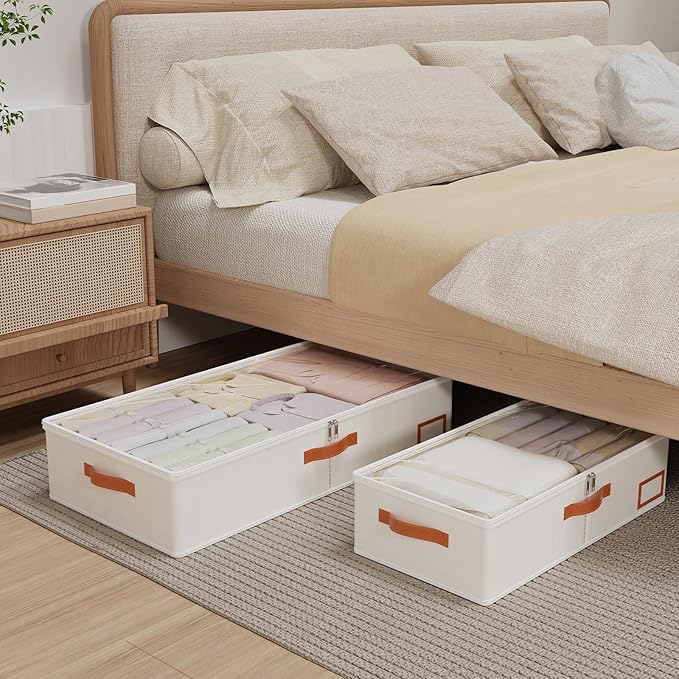 Yawinhe Under Bed Storage Containers, 4 Pack, Bin with Lids, Collapsible Closet Organizers, with Sorting Card Slot and 4 Leather Handles, for Blanket, Bedding, 31.5''Lx15.7''Wx6''H, Beige