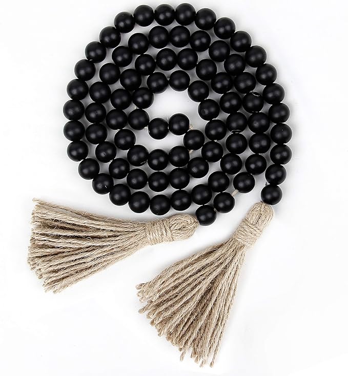 58in Wood Bead Garland with Tassels, Farmhouse Rustic Country Decor Prayer Boho Wall Hanging Decoration (Black)
