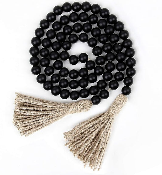 58in Wood Bead Garland with Tassels, Farmhouse Rustic Country Decor Prayer Boho Wall Hanging Decoration (Black)