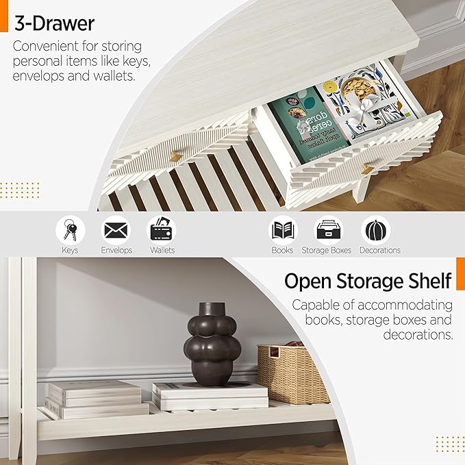 47" Fluted Console Table with 3 Drawers, Narrow Long Entryway Table with Storage Shelf, Sofa Tables for Entryway, Living Room, Behind Couch, Foyer, Hallway, Office (Beige)