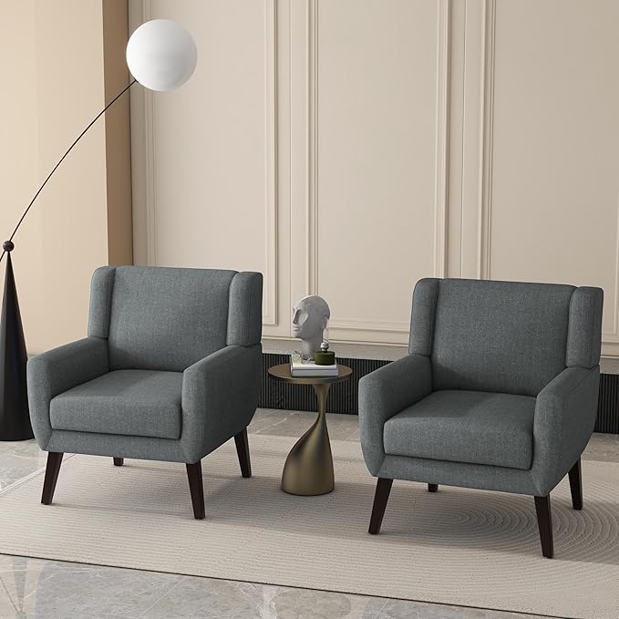 UIXE Accent Chairs Set of 2, Fabric Upholstered Armchair for Living Room, Comfy Arm Chair Single Sofa Bedroom Side Reading Seat - Flax Gray