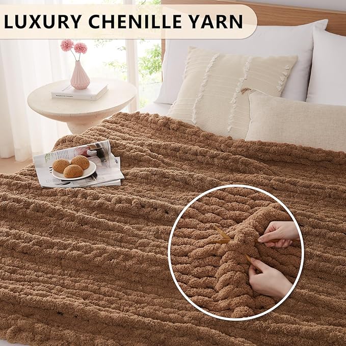 L'AGRATY Chunky Knit Blanket Throw: 50''x60'' Chenille Chunky Knitted Throw Blanket for Bed Couch - Handmade Thick Big Cable Knit Blanket - Large Chunky Crochet Rope Blanket for Home Decor(Brown)