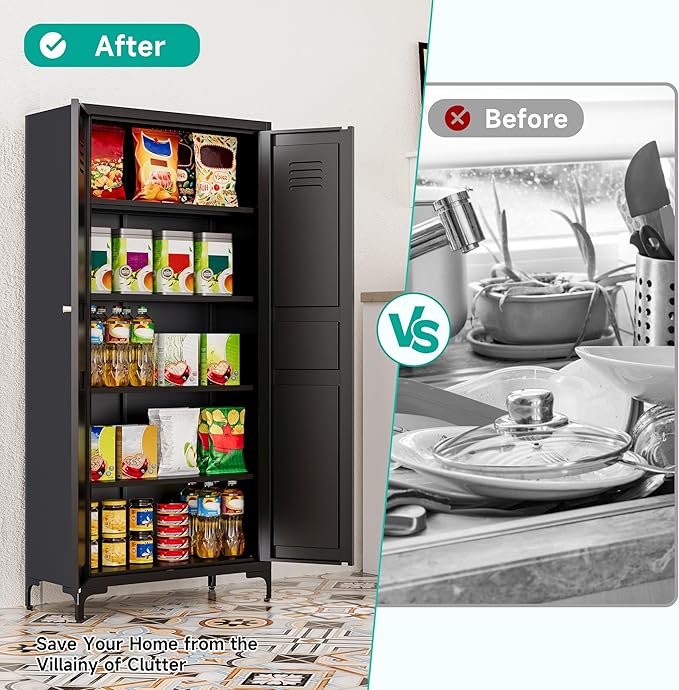 Metal Storage Cabinet with Doors and Shelves,Black Storage Cabinet with Leg,Metal Pantry Cabinets,Ventilated Pantry Closet,Tall Large Cupboard for Home,Kitchen,Dining/Living/Laundry Room