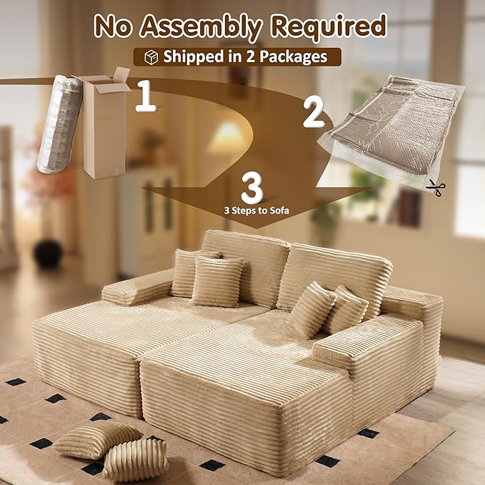 ovios 81" Oversized Sectional Double Lounge Chaise with Cloud Plush Sofa Bed, No Assembly Required, Fluffy Modern Sleeper Loveseat Chair for Indoor Living Room Bedroom Reading, Beige (Plush Fabric)