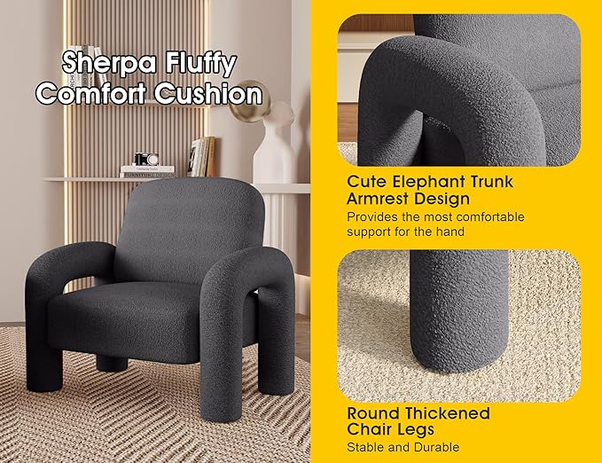 Modern Sherpa Accent Chair, Teddy Upholstered Arm Single Sofa, Cozy Fluffy Reading Chair for Living Room, Bedrooms, Corner (Grey)