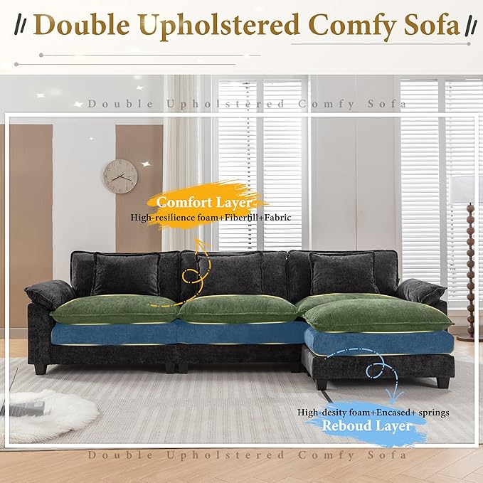 URRED Modular Sectional Sofa Comfy Cloud Couch, Modern Chenille Sofa Sleeper Deep Seat Couches with Ottoman/Pillows for Living Room (Black, 117''- L Shape)