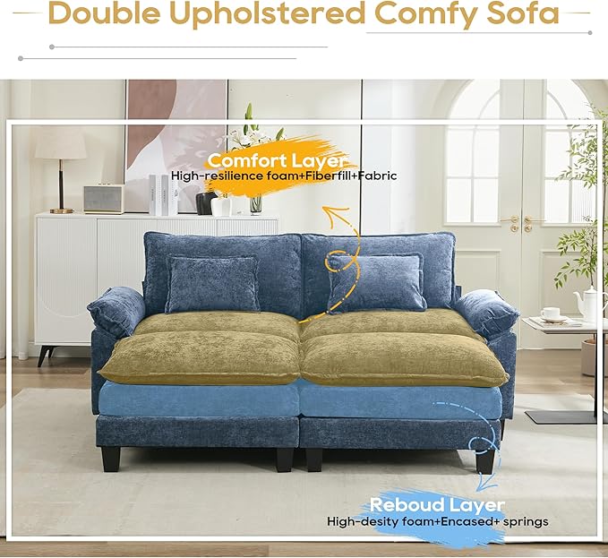 URRED Modular Sectional Sofa Comfy Cloud Couch, Modern Chenille Sofa Sleeper Deep Seat Couches with Ottoman/Pillows for Living Room (Blue, 82.6''- 2 Ottomans)