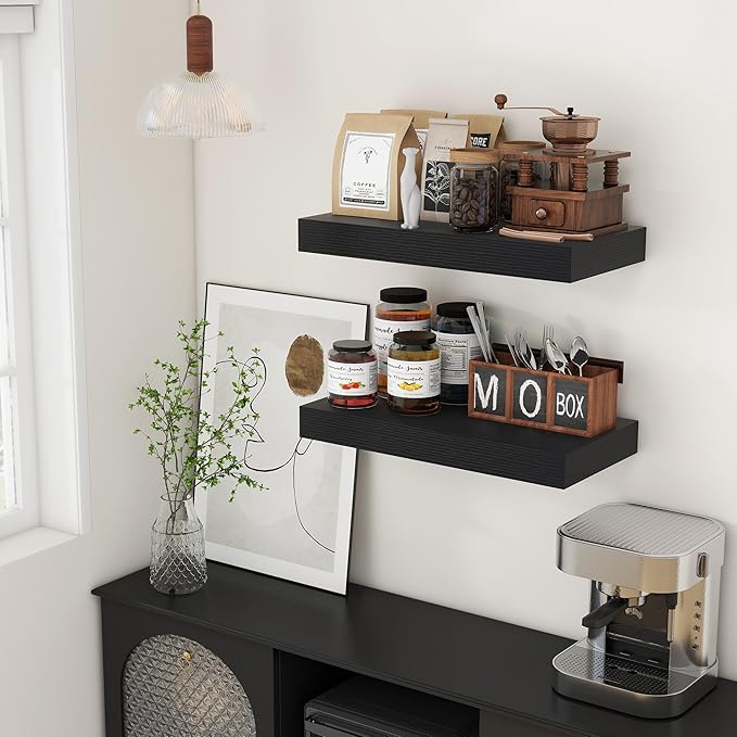 Deep Floating Shelves for Wall, 24W x 12D Black Floating Shelves Set of 2, 12'' Deep Large Wood Shelves for Living Room Bathroom Laundry Room Bedroom Kitchen Home Office - Black