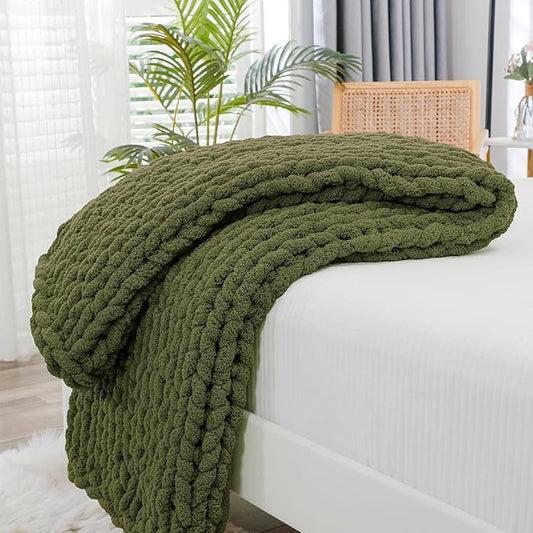 Bigacogo Chunky Knit Throw Blanket for Couch, 40x40 inches, 100% Hand Knitted with Thick Jumbo Chenille Yarn, Cozy Soft Large Rope Knot Cable Crochet Blankets for Sofa Bed Living Room, Yellow Green