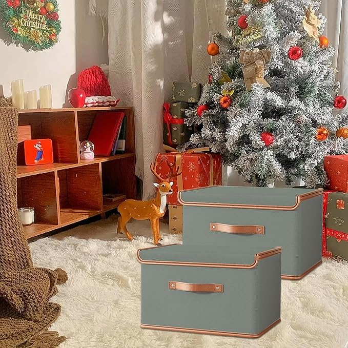 Tuza 2 Pack Storage Bins with Lids, Collapsible Closet Organizer Container, Fabric Organizer Box with Handles, Decorative Storage Boxes with Lids for Organizing Clothes, Blanket, Grey, Large