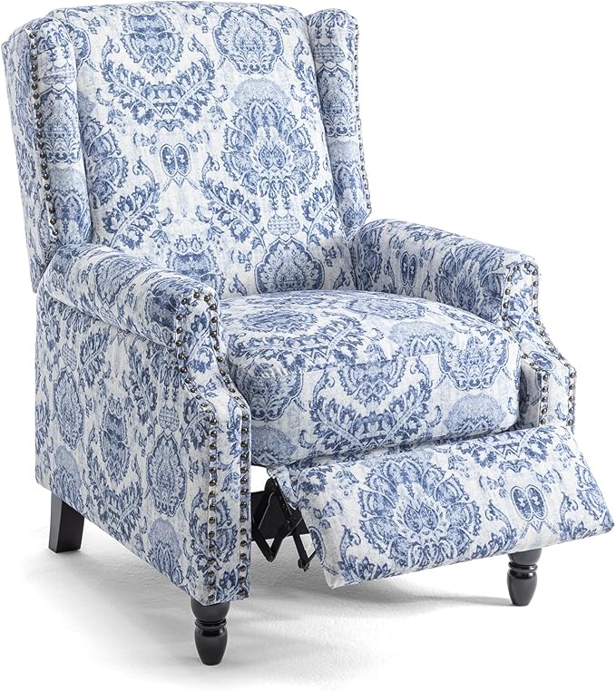 UIXE Floral Pushback Recliner Chair, Fabric Upholstered Armchair Push Back Accent Chair for Living Room, Rivet Trim Club Chair Home Theater Single Sofa Reading Seat - Navy Blue