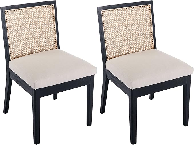 VESCASA Upholstered Dining Chairs with Square Rattan Back, Armless Padded Linen Cushion Dining Chairs with Wood Legs for Dining Room, Kitchen, Set of 2, Black Frame