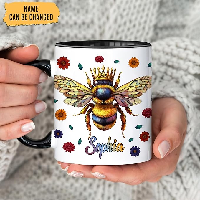 Hyturtle Personalized Floral Bee Mug - Bee Keeper Gifts For Women Lovers Teacher - Honey Gifts For Beekeeper Farmer On Birthday - Queen Honeycomb Decor - Custom Coffee Cup Ceramic Mug 11 Oz 15 Oz