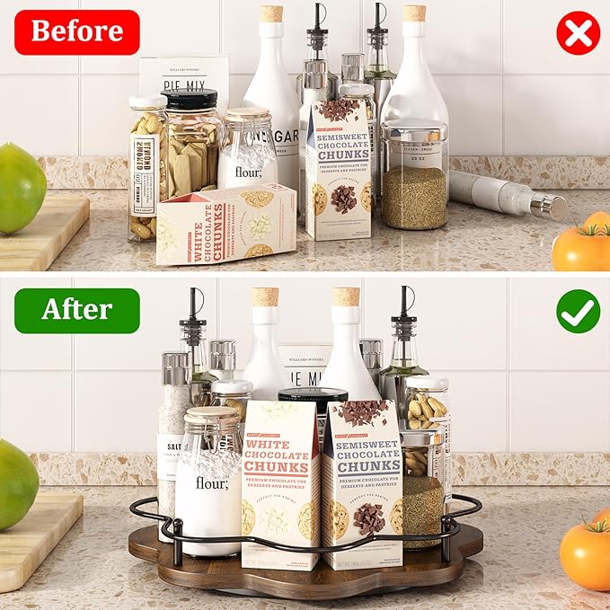 12" Lazy Susan Turntable Organizer,Round Wooden Lazy Susan Organization and Rotating Spice Rack for Dining Table,Pantry,Kitchen Countertop,Vanity,Cupboard and More.Vintage Wood(Petal Shape)