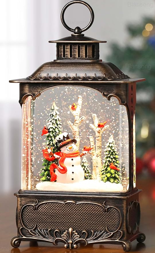 Snowman Snow Globe Lantern Christmas Decorations Gifts Auto Snowfall Glitter Music Collection Snowman Cardinal Birch Forest with 6H Timer USB/Battery Powered 10.2 inch