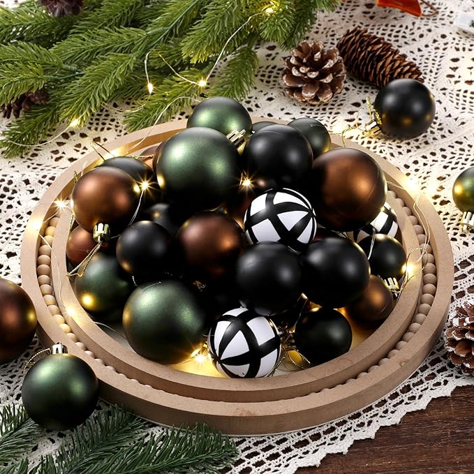 64 Pcs Neutral Christmas Ball Ornaments Bulk Matt Glitter Check Brown Green Black Xmas Bulbs Ornaments 1.6/1.97/2.4 Inch Modern Christmas Decorations for Tree Holiday Indoor Wreath Home Decor