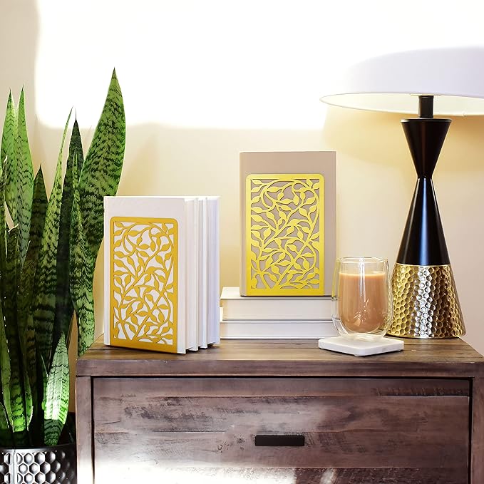 CNK Book Ends Bookends for Decorative Books Holder Bookend Shelves End Hold Heavy Duty Holders Stoppers Metal Stopper Cute Boho Bookshelf Holds Cookbook Office Home Set of 4 Bookends Pair Gold